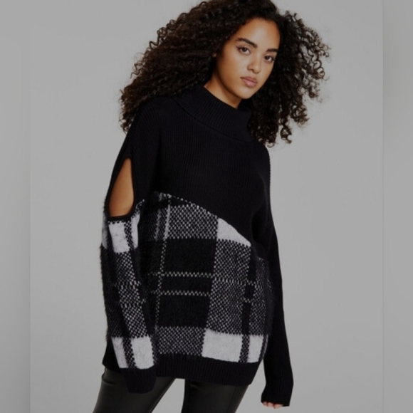BAR III SIZE BLACK PLAID SWEATER OPEN SHOULDER TOP TURTLENECK FALL WINTER - Picture 1 of 12